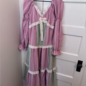 Vintage-Inspired Red & Green Gingham Maxi Dress with Lace Trim